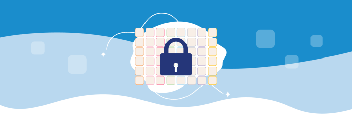 An illustration of a blue lock over an empty Proloquo grid. There is a dark blue, light blue, and white background.