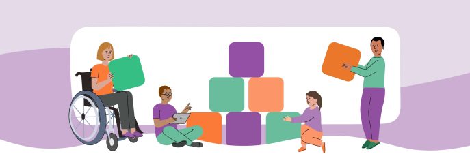 Image : quatre personnes se réunissant pour construire une pyramide de blocs. Chacun contribue différemment et détient un bloc de couleur différent.