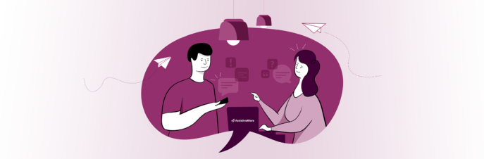 Illustration of a women and a man in a speech bubble talking to a computer in speech bubbles