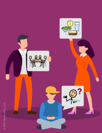 Illustration with three people each holding a sign with a symbol on it