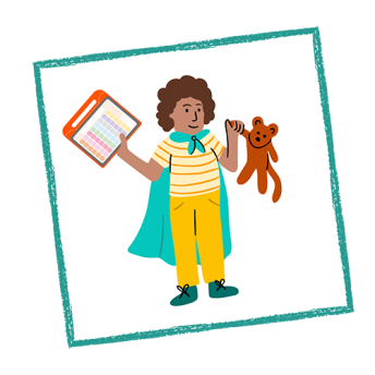 An illustration of a child holding an AAC device and a toy