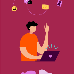 Illustration of a person behind a laptop pointing up to an emoticon and other icons