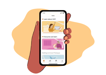 Illustration of hand holding iPhone with Proloquo Coach