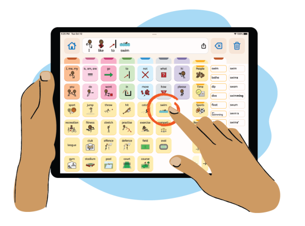llustration of hand holding Proloquo on an iPad touching a symbol on the homescreen