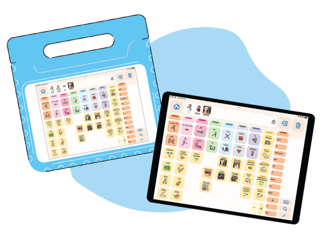 Illustration of the home screen of Proloquo on two different iPads