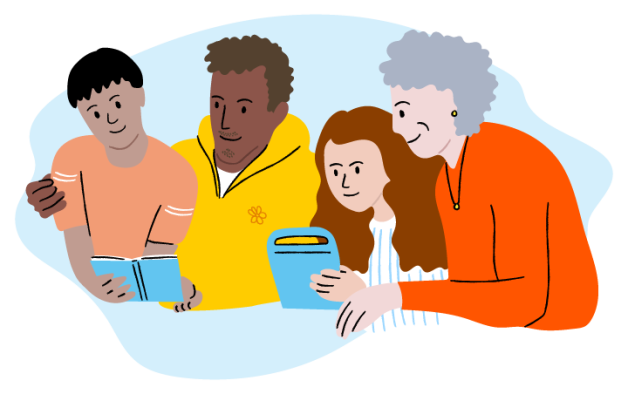 Family looking at an iPad and book together