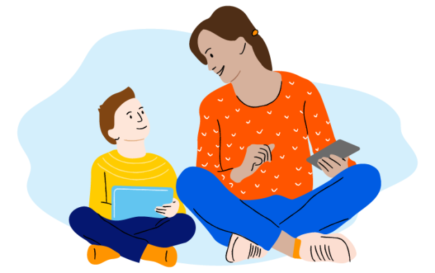 Illustration of mother with an iPhone in her hand looking at her son who is holding an iPad