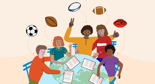 Young adults around the globe using AAC with images of different footballs above their heads