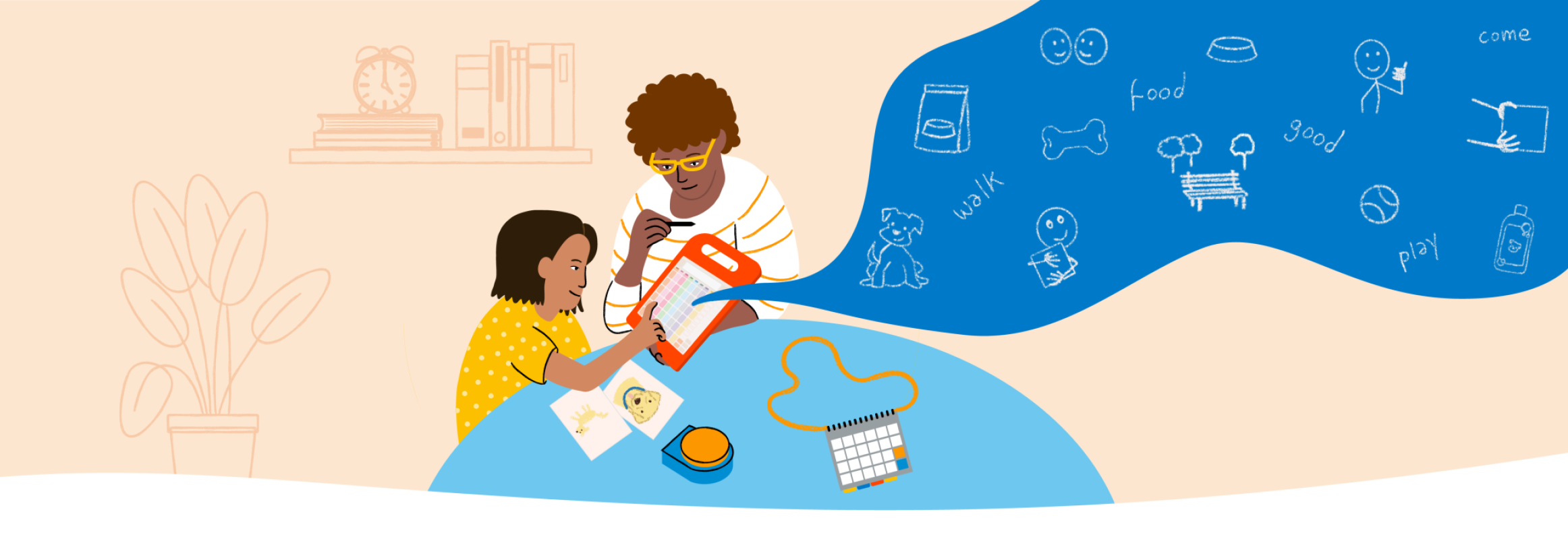 An illustration of a child and a Speech Language pathologists using an AAC device. Various symbols are flowing out of the device.