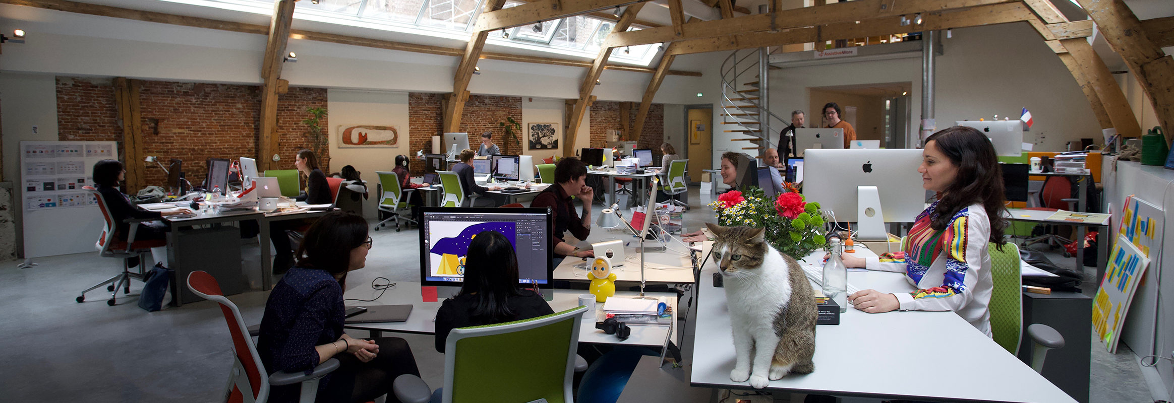 AssistiveWare's spacious office in daylight entering through skylights. People are sitting and standing at desks. Starsky, one of the two office cats, sits prominently on the table closest to the camera.