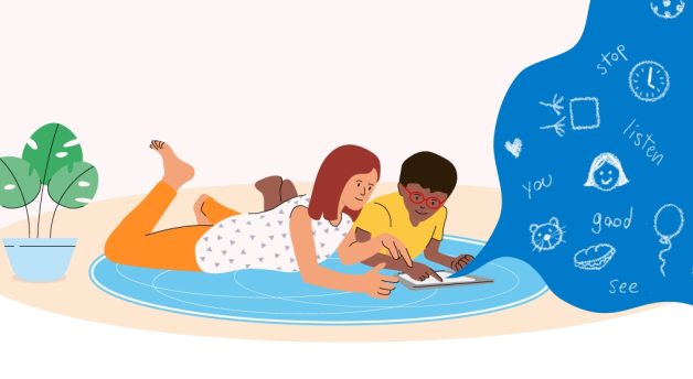 Two children laying on the ground looking at an iPad. They are laying on a carpet with a plant to their left. On the right there are many chalkboard like sketches coming from the iPad