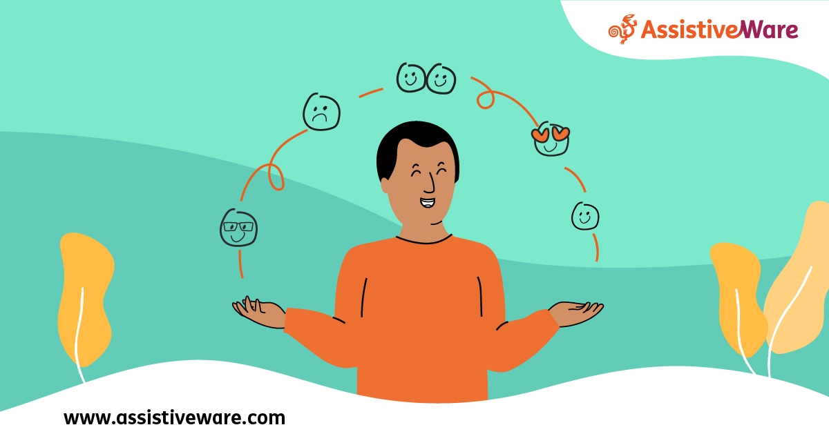 A stylized illustrated person with an orange shirt, short dark hair, brown skin, and a large smile. Their open hands display an array of smiley faces.