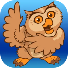 App icon featuring a cartoon owl with wings raised, on a blue background.