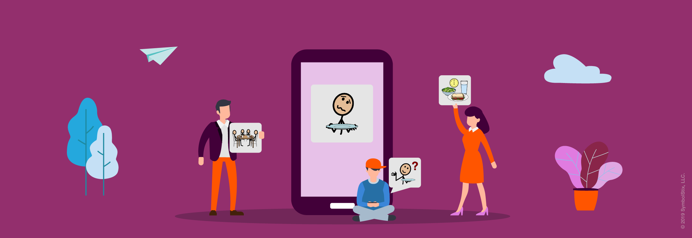 Illustration with people showing symbols in front of a big iPad