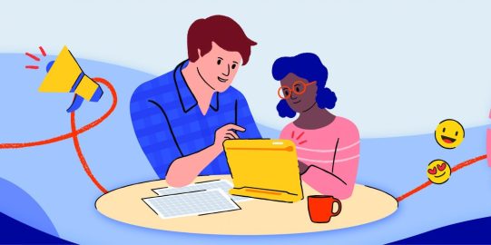 Illustration of a young man and woman sitting at a table behind an iPad.
