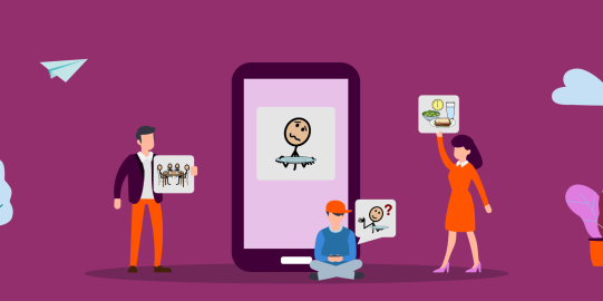 Illustration with people showing symbols in front of a big iPad