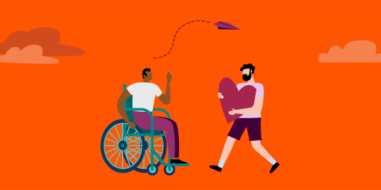 Illustration with one person in a wheelchair and another one standing holding a big heart symbol, facing each other.