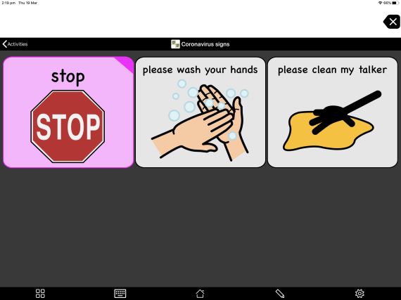 Pictogrammen: stop, was je handen, maak mijn ipad schoon (Engelse tekst)