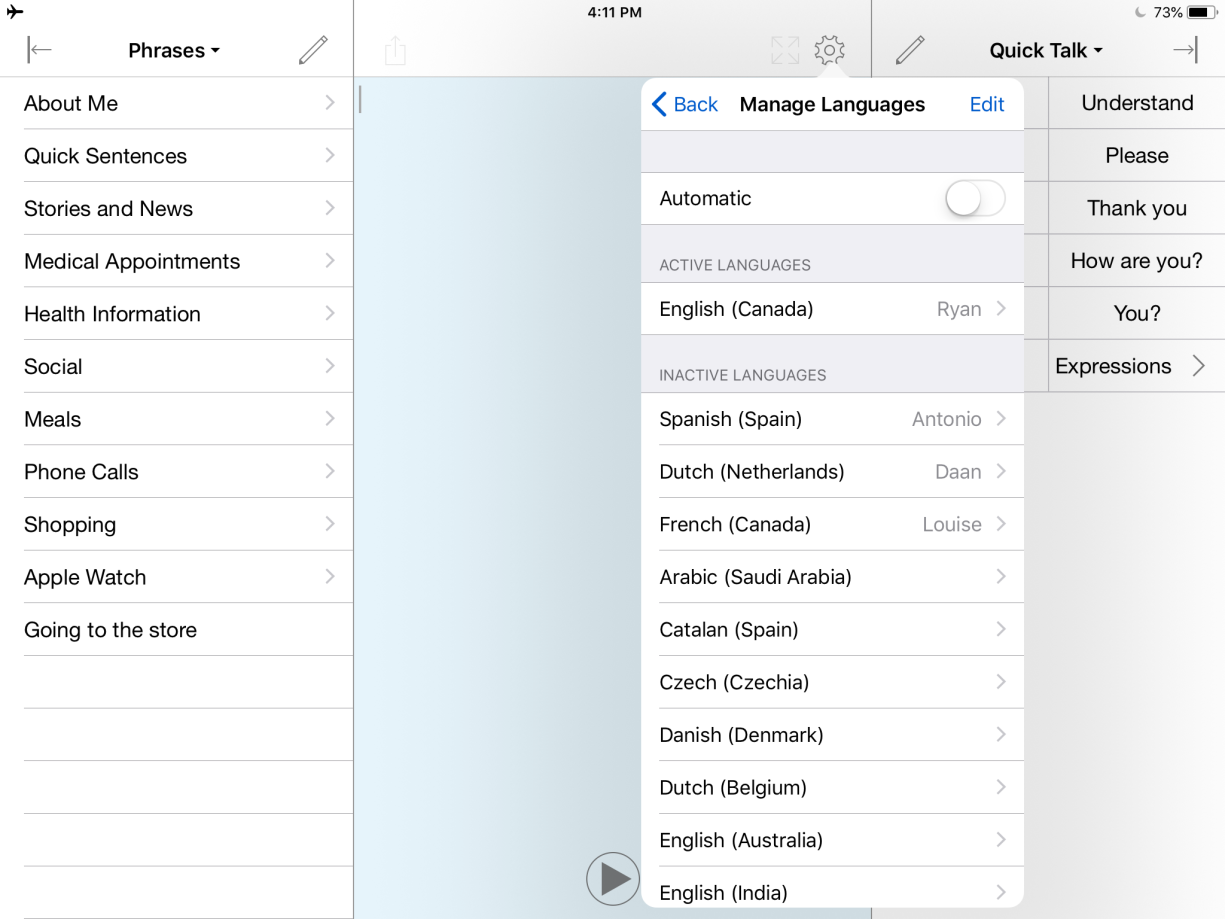 A list of manually controlled languages, plus the Language Toggle.