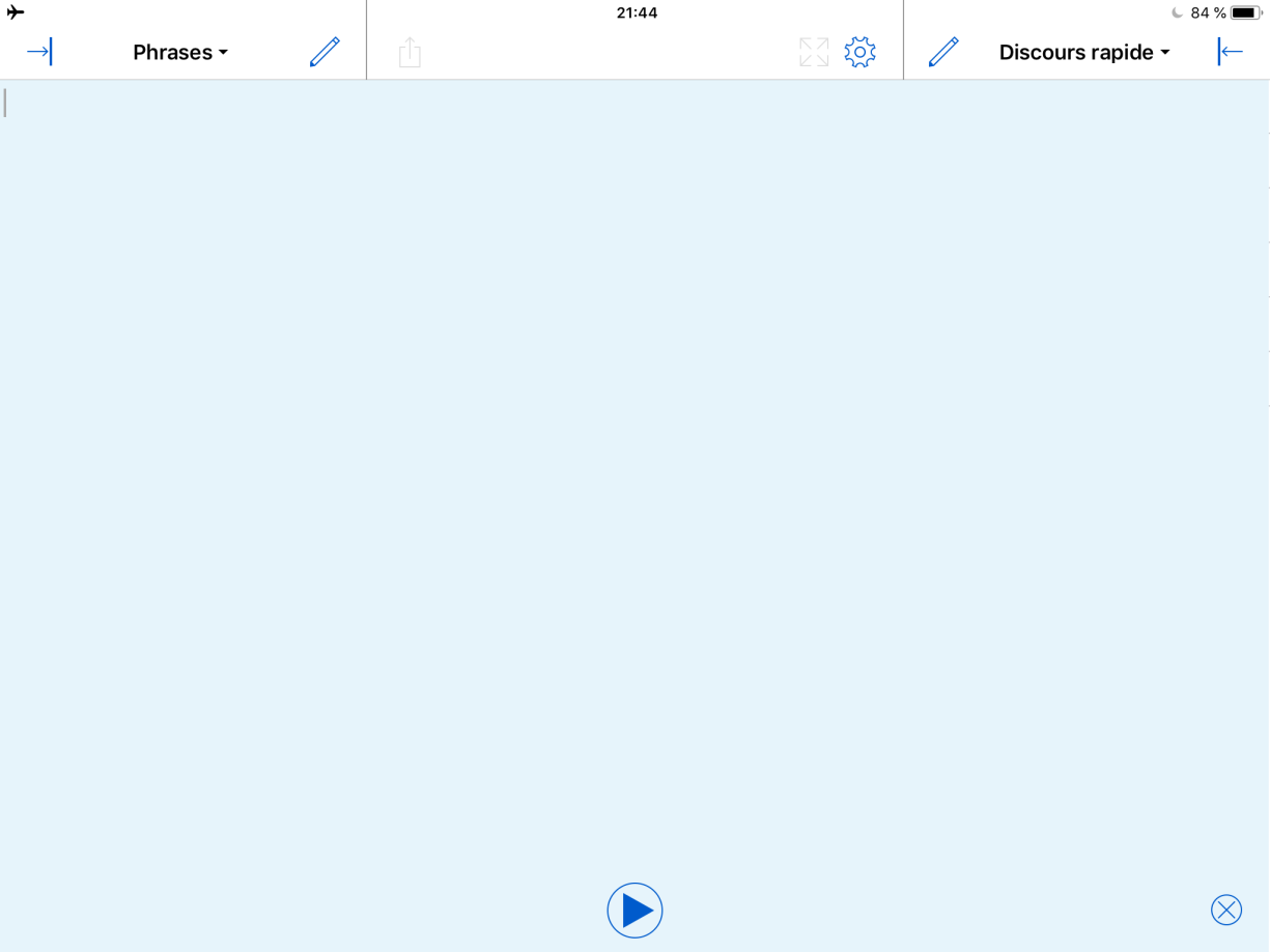 Proloquo4Text sur iPad avec Blocs rapides masqués.