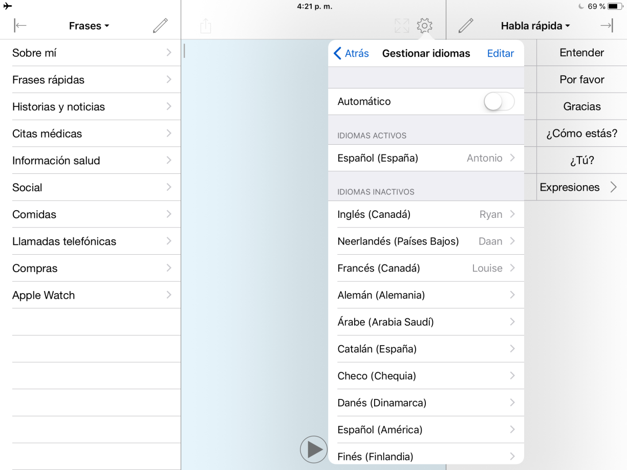 lista de los idiomas configurados manualmente y el botón para cambiar de idioma.