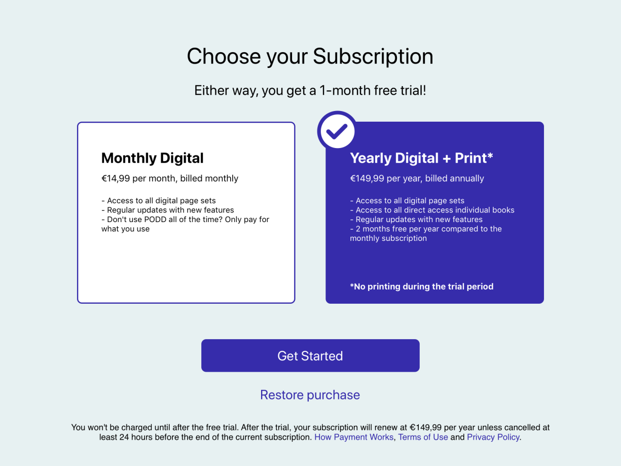 Subscription options in simPODD