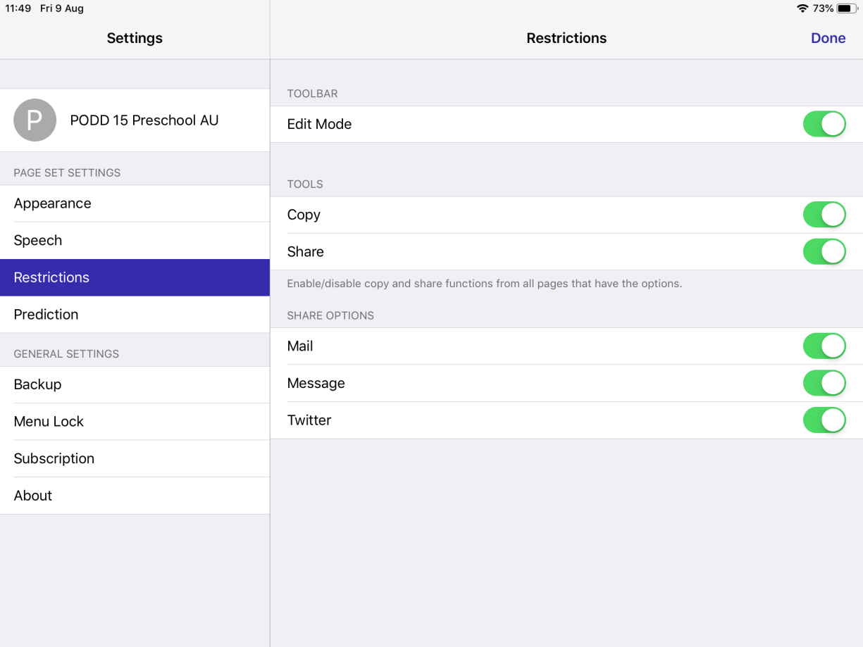 The simPODD Restrictions menu.