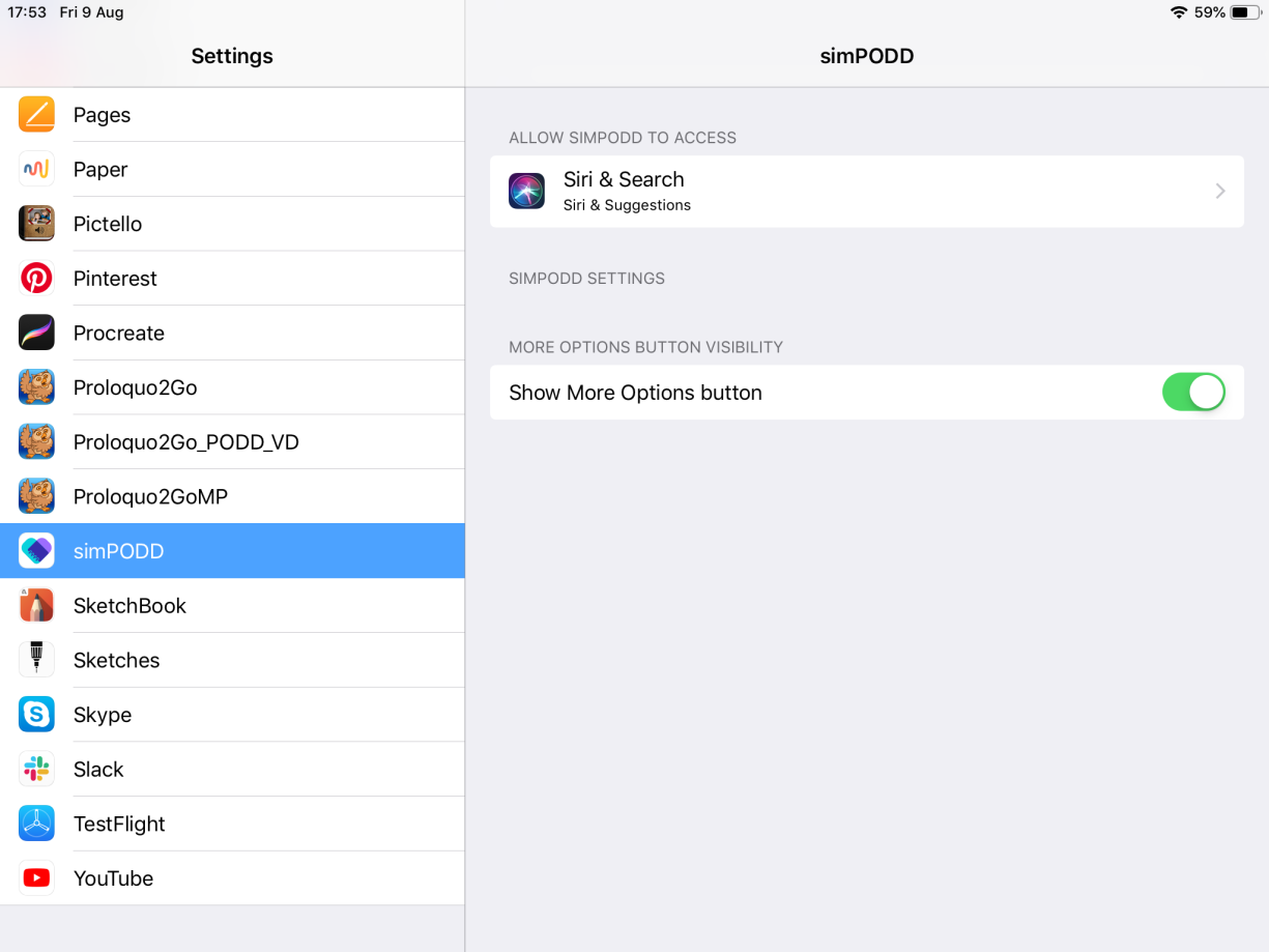 How to hide the simPODD Options button in your device's Settings menu.