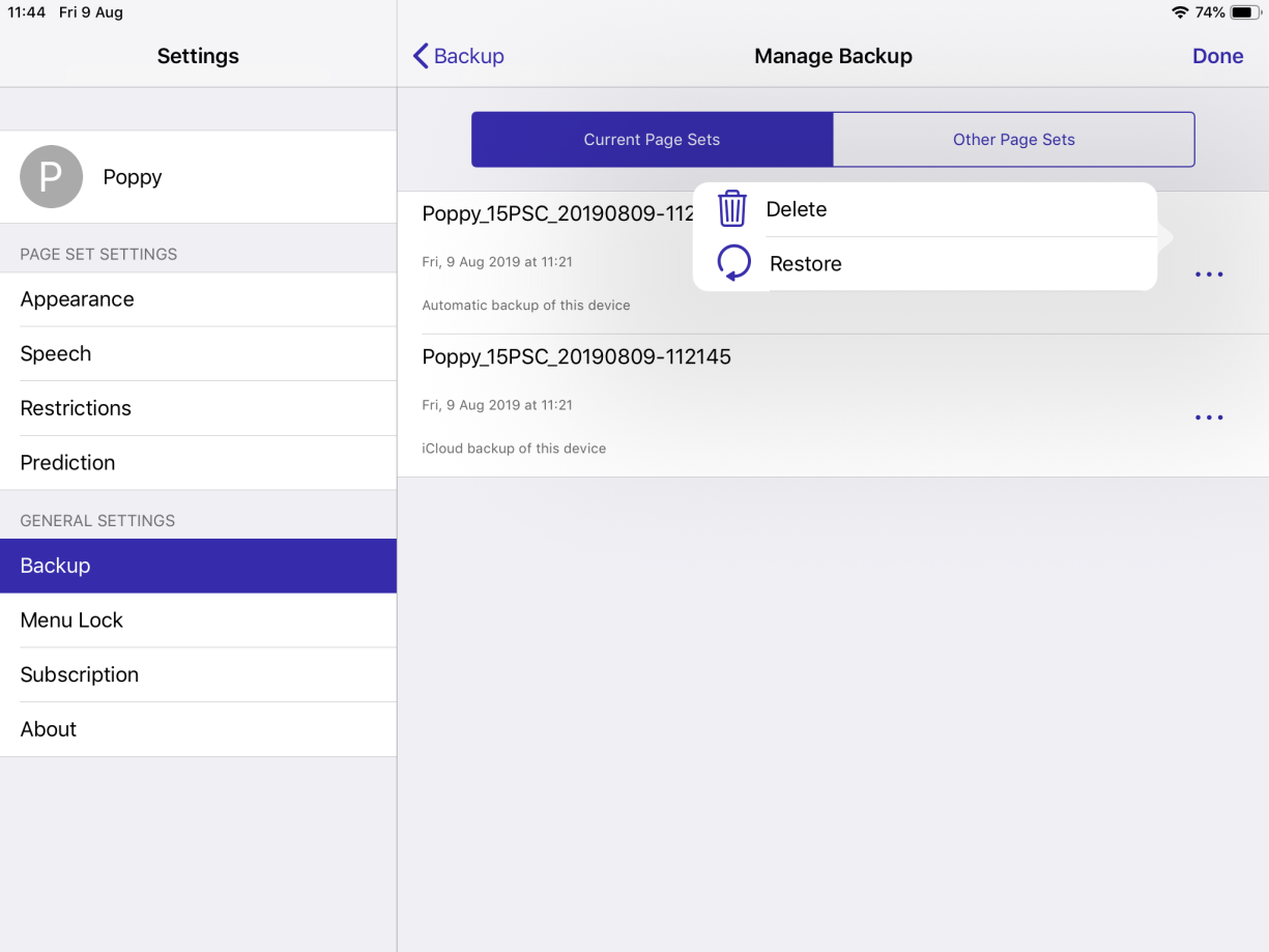 The backups menu with restore and delete options shown.