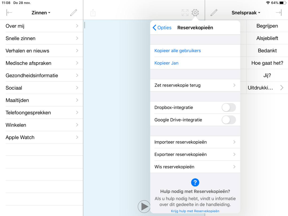 Opties voor back-ups, waarbij Dropbox- en Google Drive-integratie is uitgeschakeld.