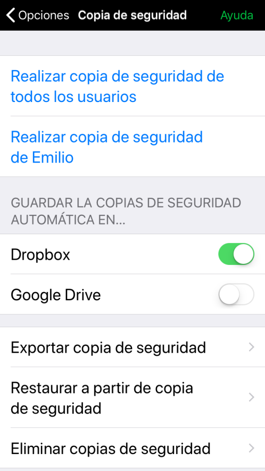Sección Copia de seguridad en Opciones
