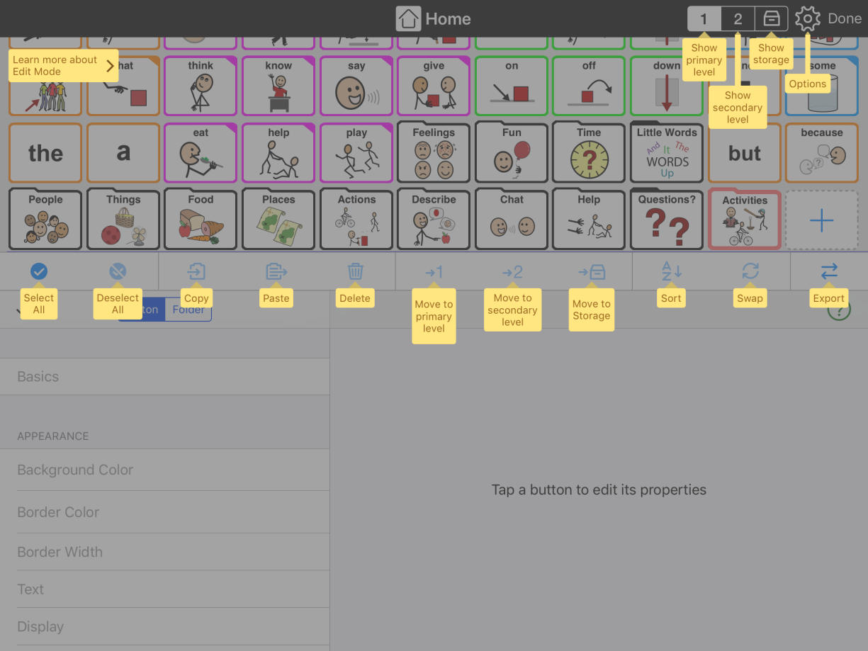 Help overlay giving labels for each edit tool