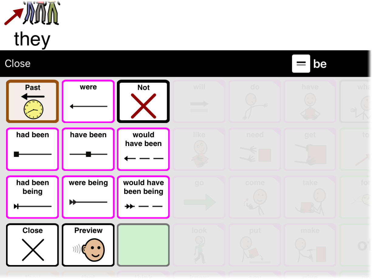 Complex past tense conjugations of a verb in a grammar popup