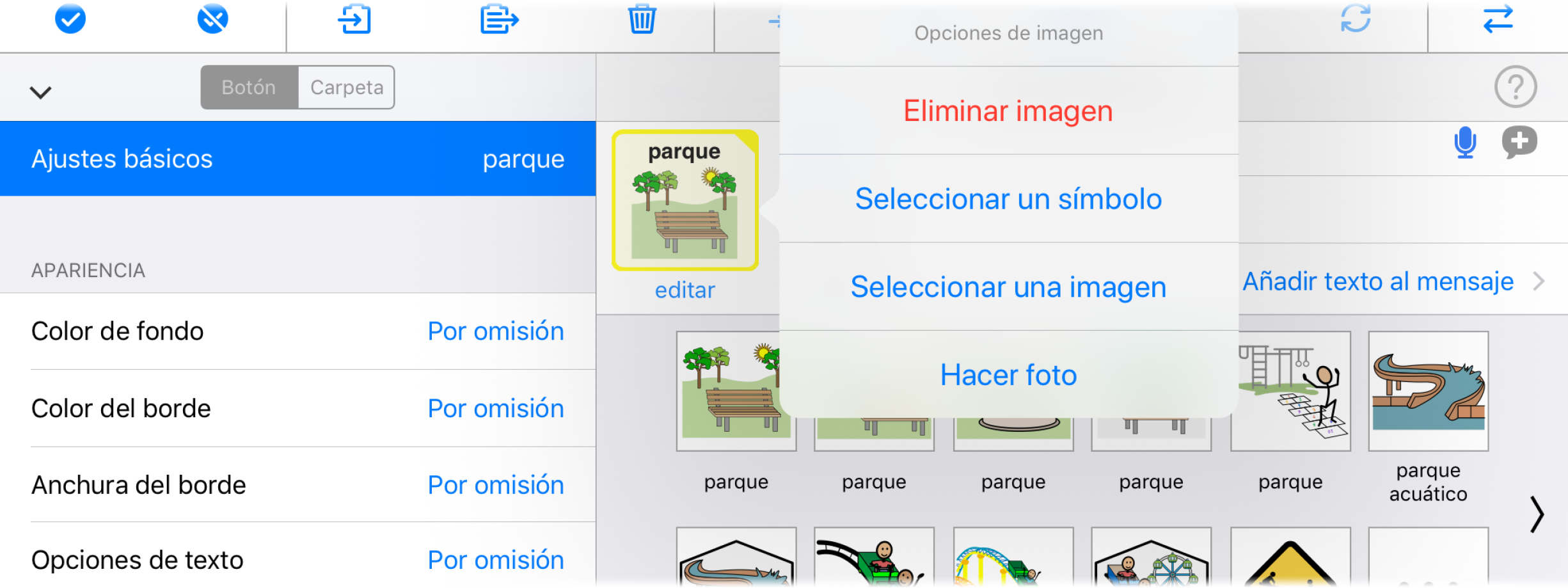 Captura de pantalla modo Edición, opciones de imagen