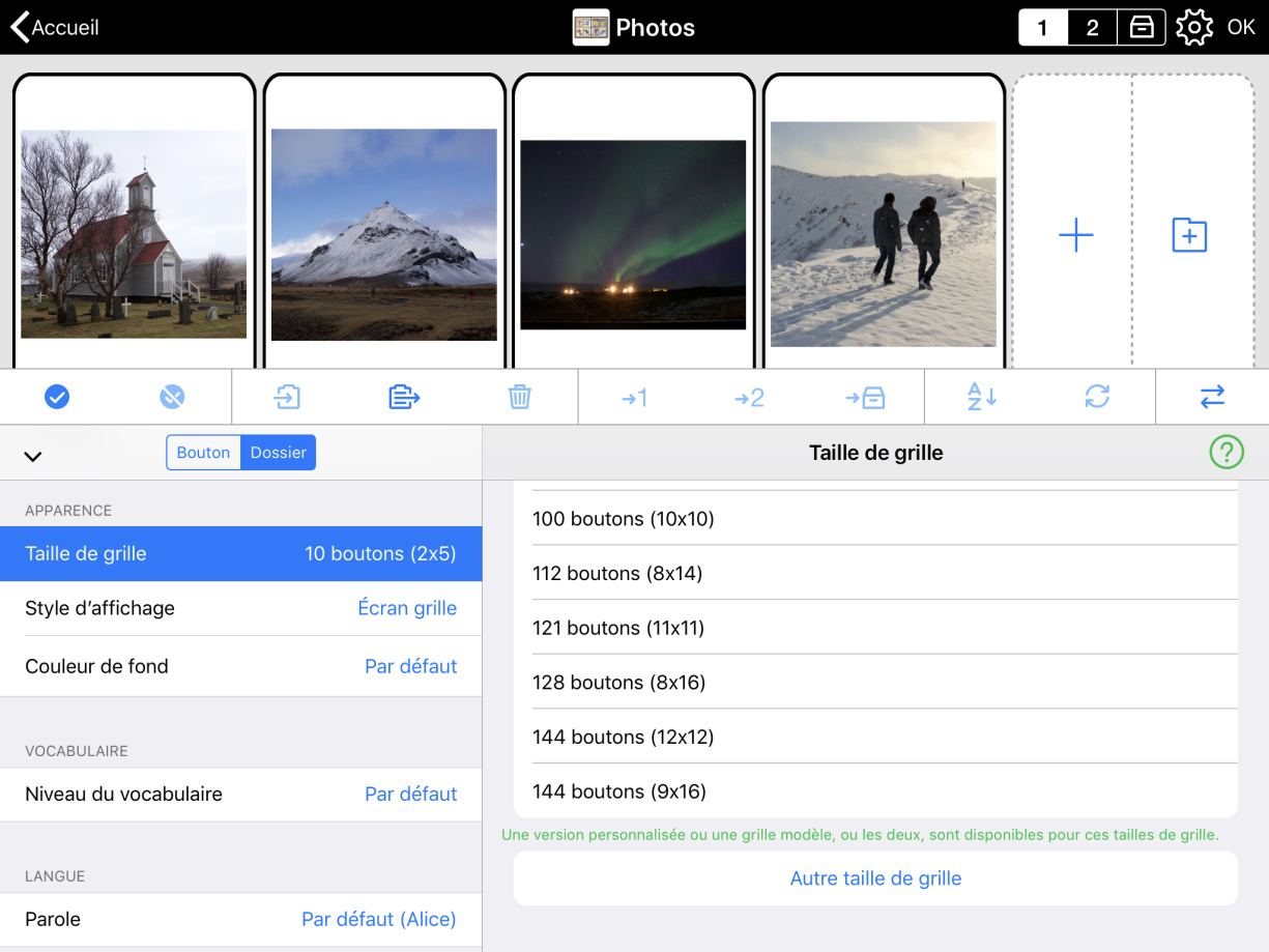 Options de tailles de grille pour le dossier "Photos" avec nouvelle taille de grille