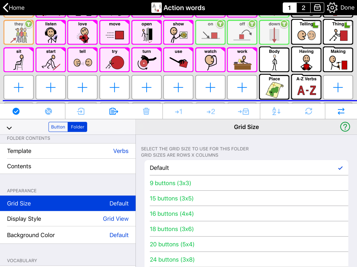 Grid size choices, default choice at the top