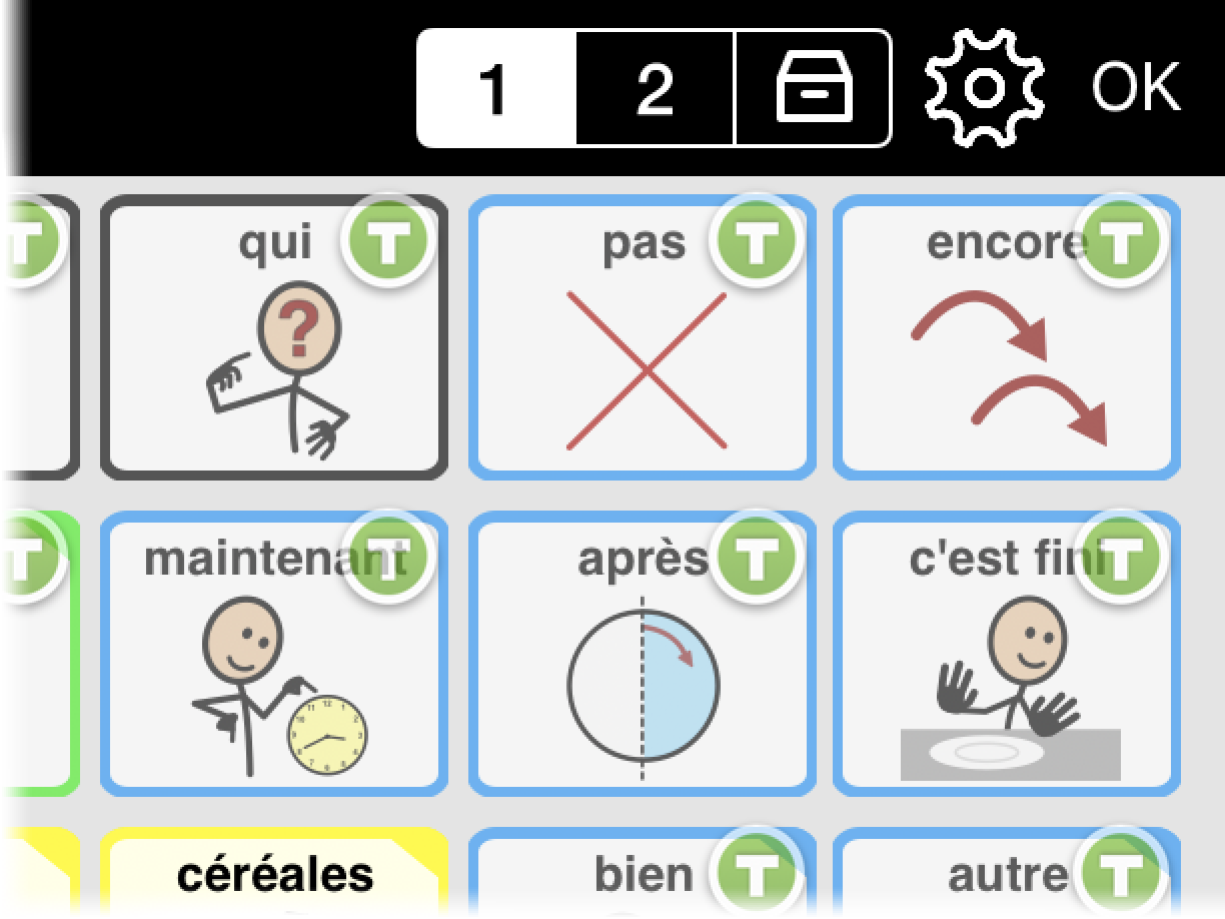 Barre d’outils supérieure avec choix entre premier niveau, deuxième niveau et réserve