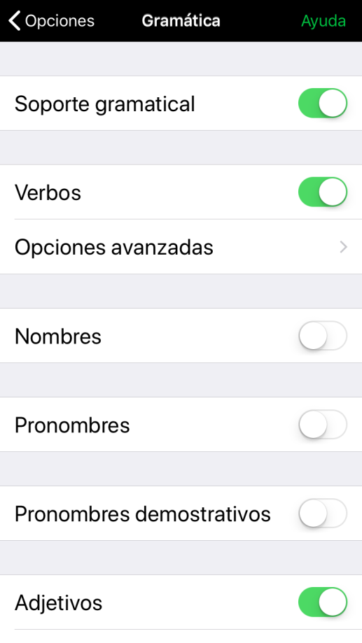 Soporte gramatical activado para algunos tipos de palabras