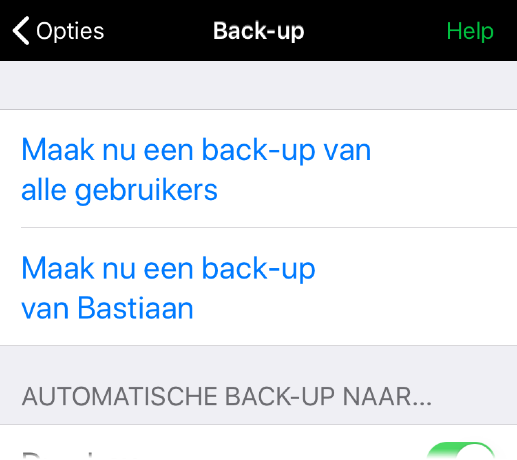 Instellingen voor automatsche back-up naar Dropbox en Google Drive.