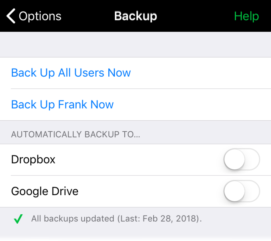 Automatic backup options to Dropbox and Google Drive turned off