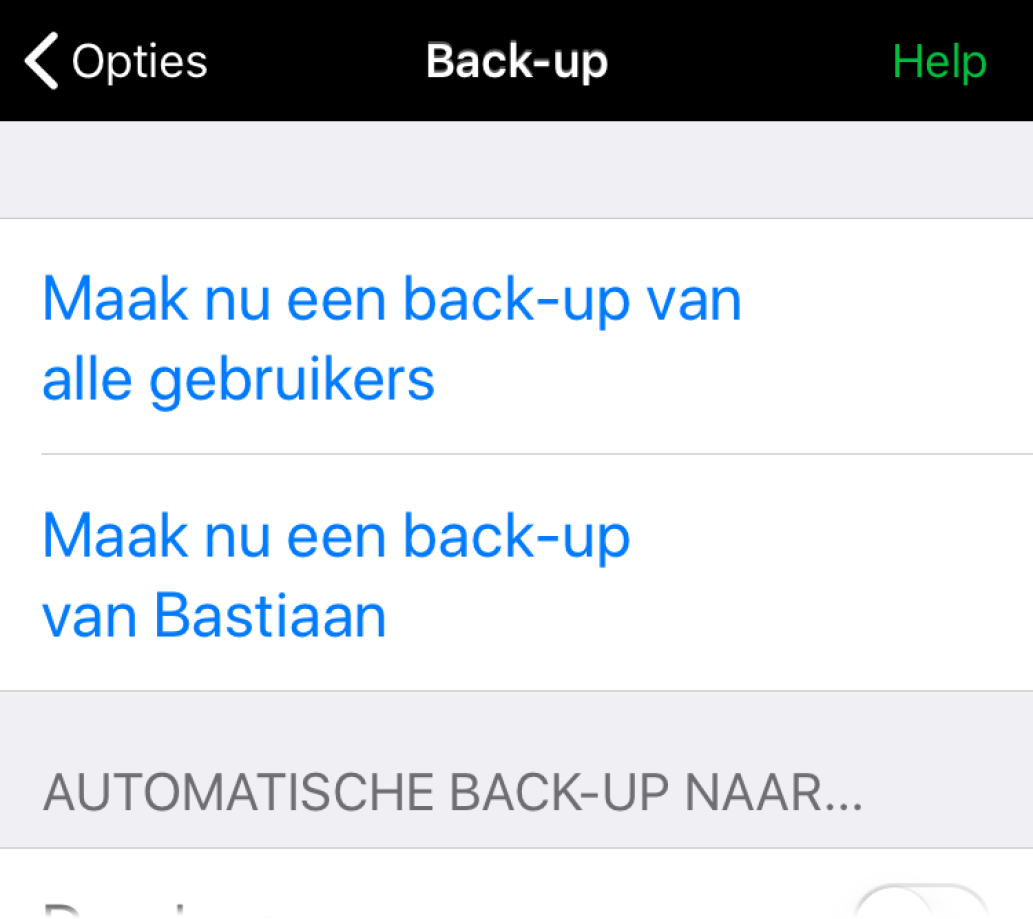 Automatische back-up naar Dropbox of Google drive staat uitgeschakeld.