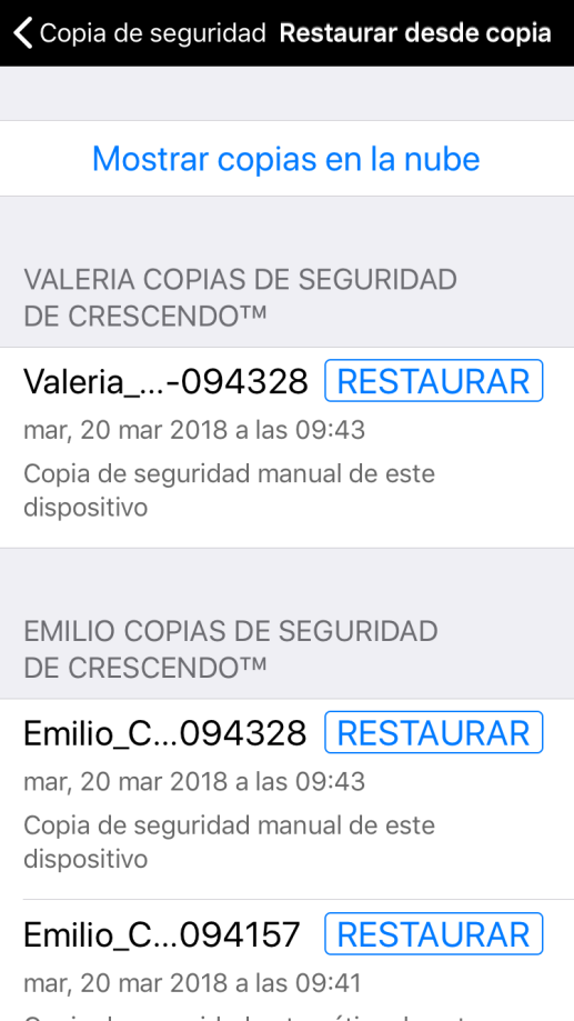 Restaurar desde copia mostrando todas las copias de seguridad disponibles