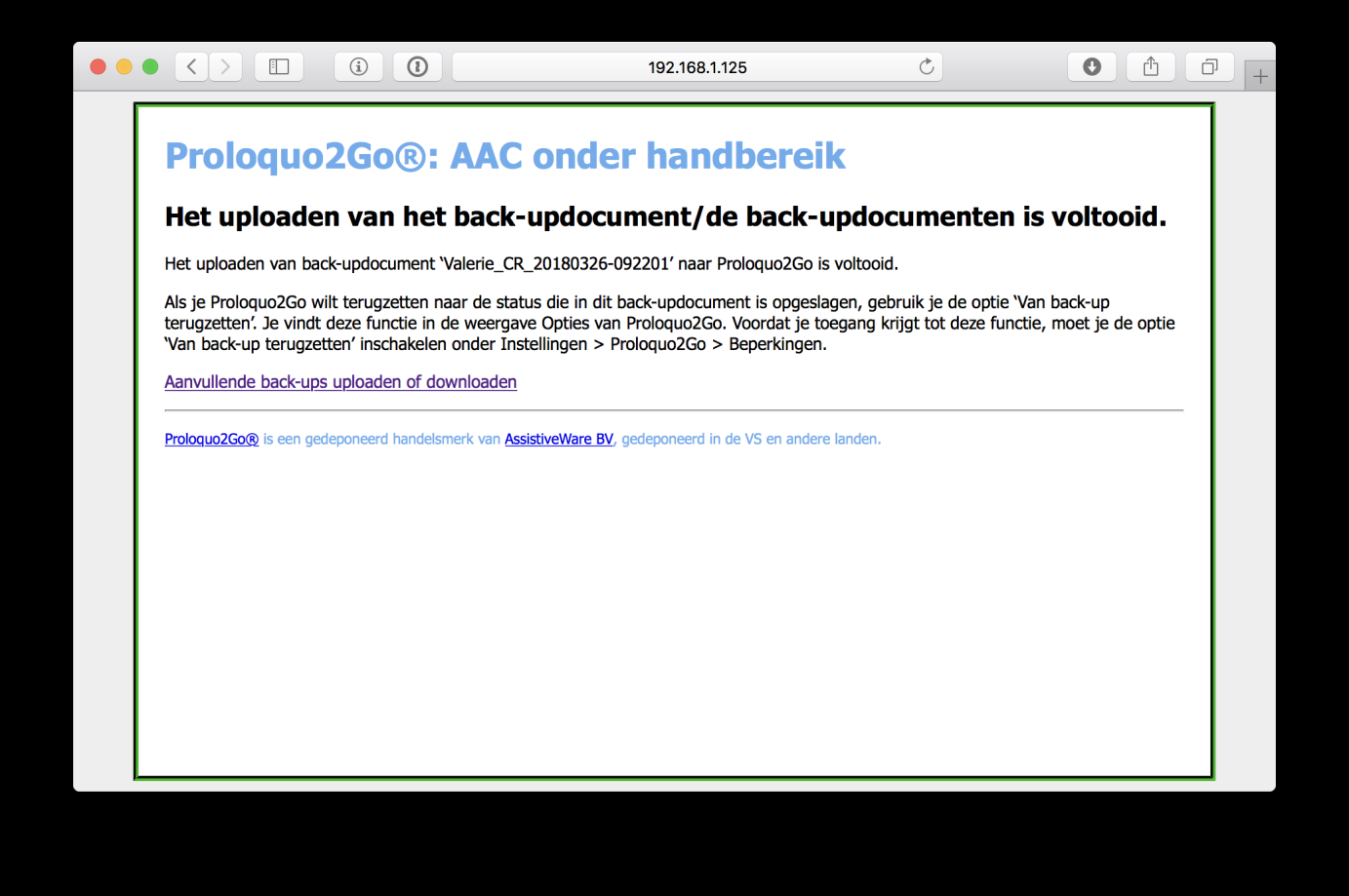 Het uploaden van het back-up document is voltooid.