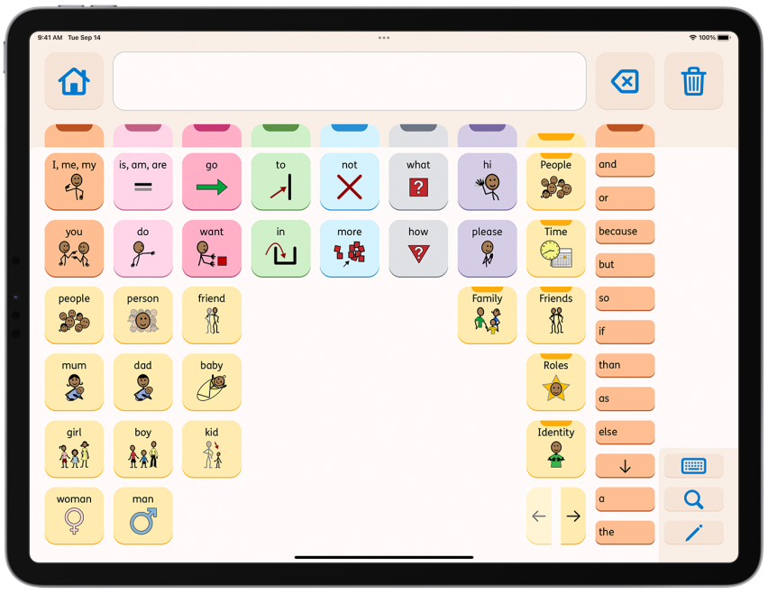 The clustering of words in the people folder of AssistiveWare Proloquo - buttons with words of color are clustered in relation to each other