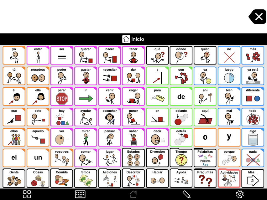 Captura de pantalla de Proloquo2Go, la aplicación AAC basada en símbolos de AssistiveWare.