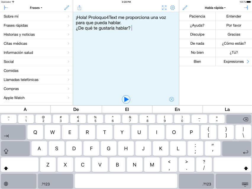 Captura de pantalla de Proloquo4Text, la aplicación AAC basada en texto de AssistiveWare.