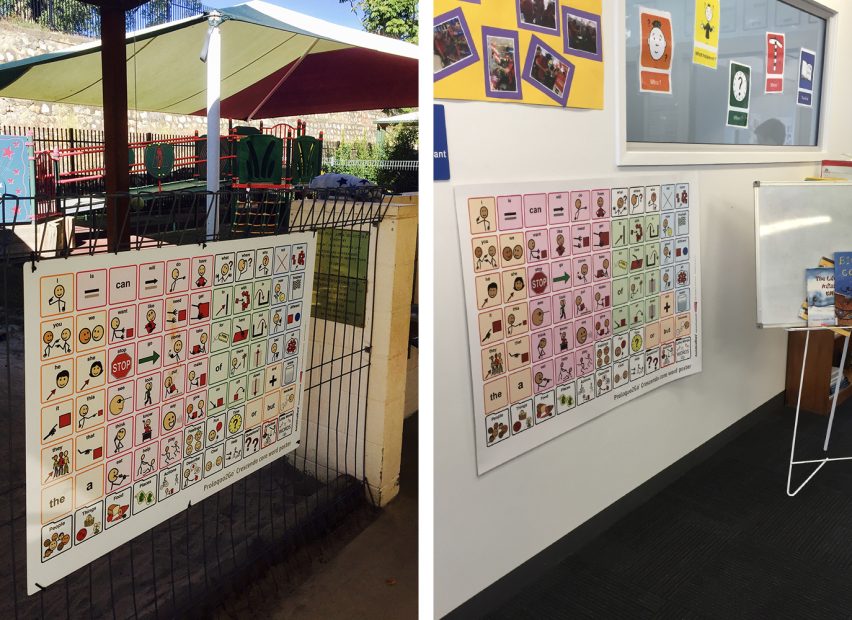 Core words boards available at a playground and in a classroom