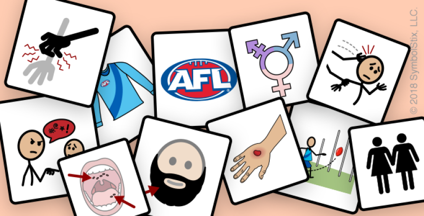 New symbols: Scratch, Guernsey, AFL logo, Transgender symbol, Abuse, Verbal abuse, Canker, Beard, Sore, Goal, Female relationship