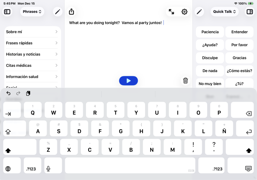 Schermafbeelding van Proloquo4Text met taalomschakeling