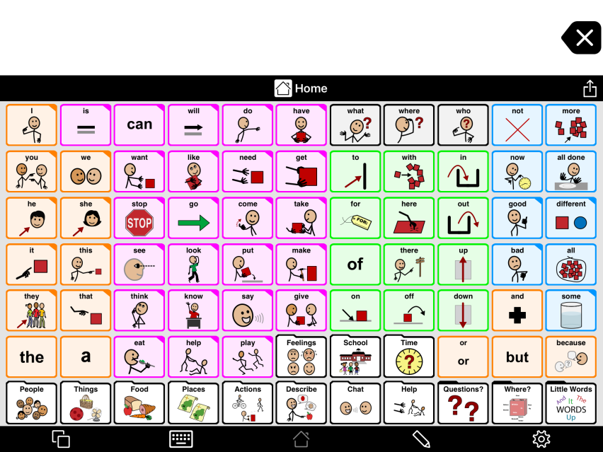 Proloquo2Go, augmentative and alternative communication app, homepage with 11x7 grid